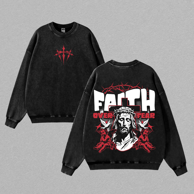 Faith Over Fear Jesus Shirt | Crown of Thorns Christian Graphic Tee | Vintage Washed Angel Print | Bold Cross Streetwear | Religious Spiritual Heavy Cotton Oversized Tee for Believers
