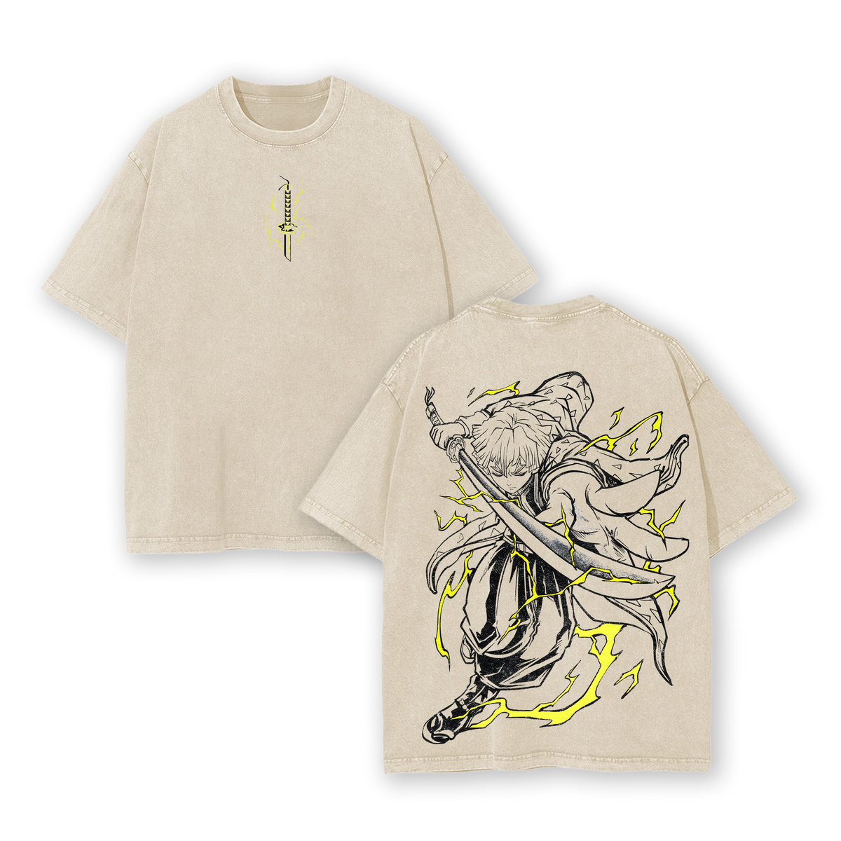 Zenitsu Thunder Breathing Vintage Oversized Washed T-Shirt – Heavy Cotton Graphic Tee Inspired by Demon Slayer