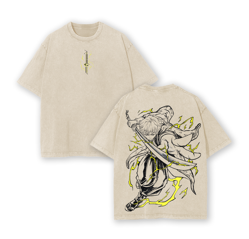 Zenitsu Thunder Breathing Vintage Oversized Washed T-Shirt – Heavy Cotton Graphic Tee Inspired by Demon Slayer