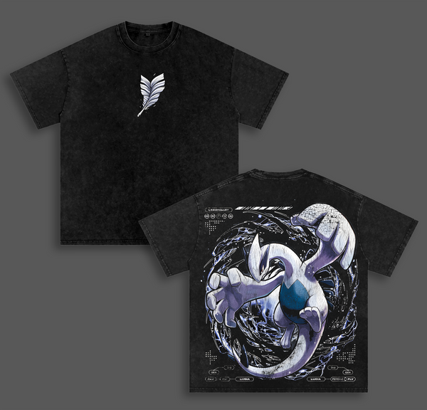 Lugia - Pokemon Anime Double Printed Vintage Washed Tee Unisex Oversize Heavyweight Cotton T-shirt for Pokemon Fans