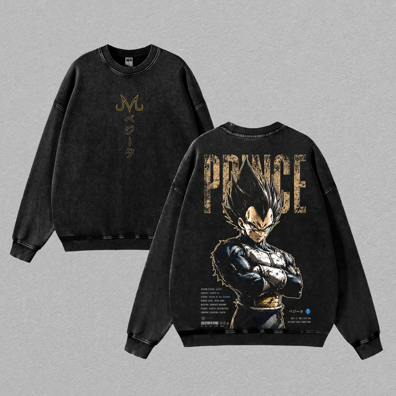 Vegeta Saiyan Prince Dragon Ball Z Vintage Washed T Shirt, Anime Warrior Graphic Tee, Oversized Heavyweight Cotton Streetwear Top Tshirt, Gift for Anime Fans Men & Women