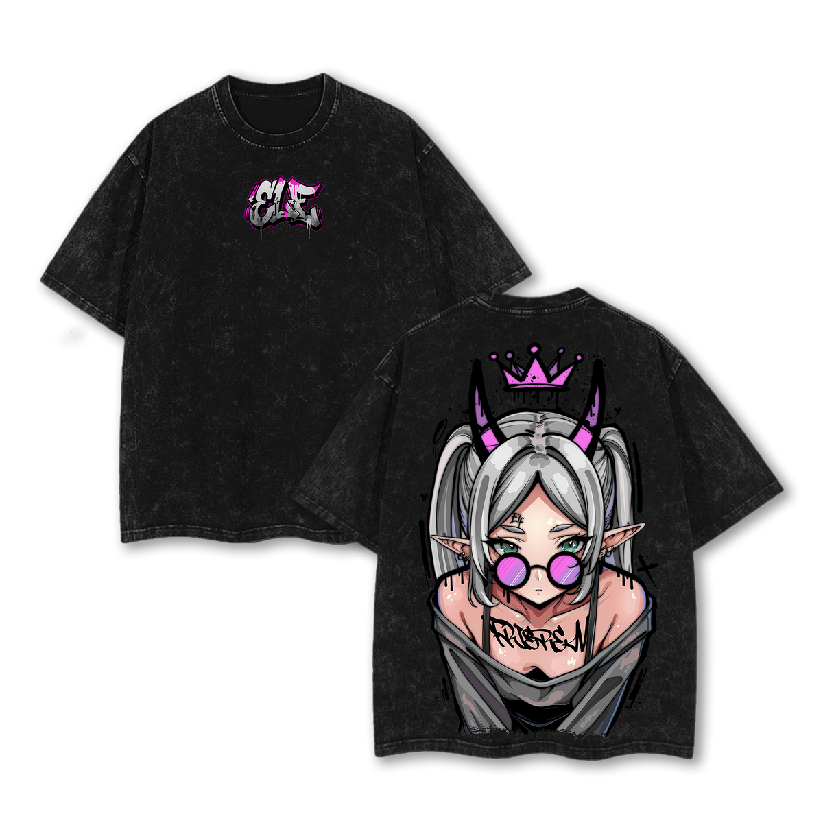 Frieren Streetwear Vintage Washed Anime T-Shirt | Demon Elf Girl Purple Crown Graphic Tee