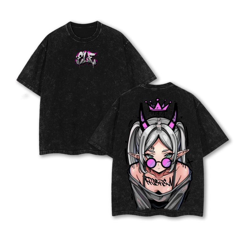 Frieren Streetwear Vintage Washed Anime T-Shirt | Demon Elf Girl Purple Crown Graphic Tee