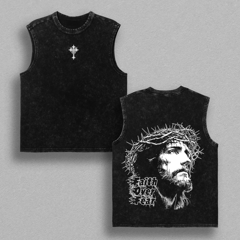 Faith Over Fear Jesus Christ Vintage Washed T-Shirt / Sweatshirt / Hoodies | Christian Streetwear Tee | Cross Graphic Shirt | Heavy Cotton Tee | Religious Gift for Faith Believers