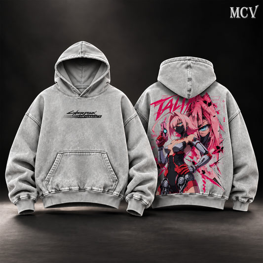 Talia Yang Cyberpunk Edgerunners Vintage Washed Oversized Hoodie, Double-Sided Anime Graphic Pullover, Pink Hair Cyberpunk Girl Futuristic Warrior Design, Retro Y2K Streetwear, Unisex Cyberpunk Fan Gift