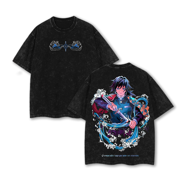 Giyu Tomioka - Demon Slayer Anime Double Printed Vintage Washed Tee Unisex Oversize Anime Manga Washed Heavyweight Cotton T-shirt