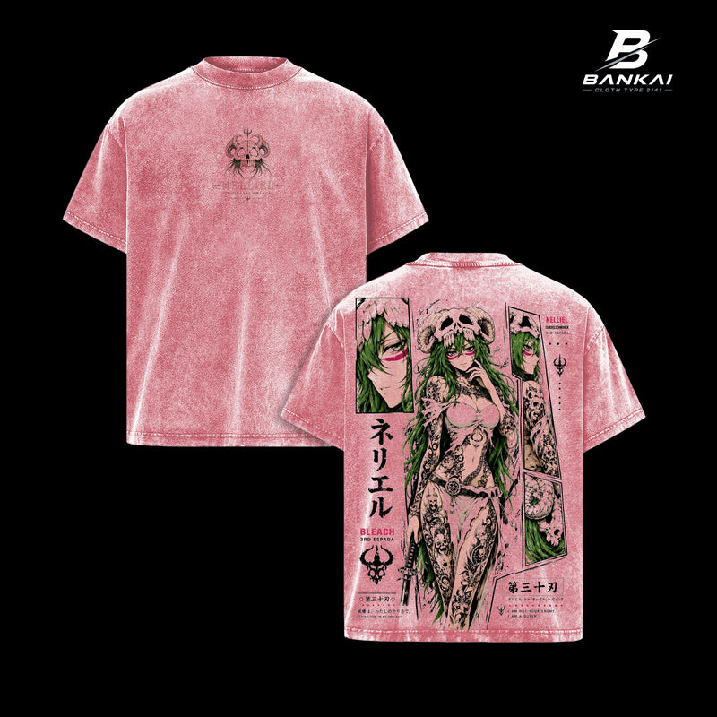 Bleach Nelliel Dark Anime Graphic T-Shirt, Premium Vintage Washed Streetwear Tee, 3rd Espada Arrancar Queen Artwork, Hollow Skull Symbol, Green Aura Manga Illustration, Japanese Style Heavy Cotton Unisex Anime Shirt