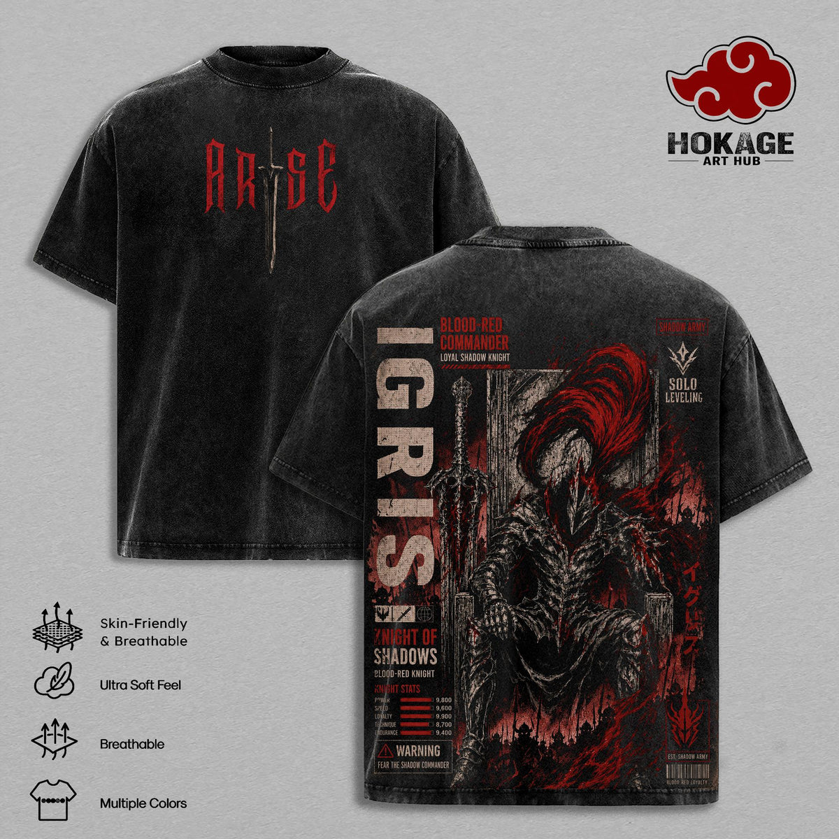 Igris Solo Leveling Vintage Washed T-Shirt Blood Red Commander Anime Graphic Tee Shadow Knight Streetwear Oversized Shirt Gift for Solo Leveling Fans Apparel Classic