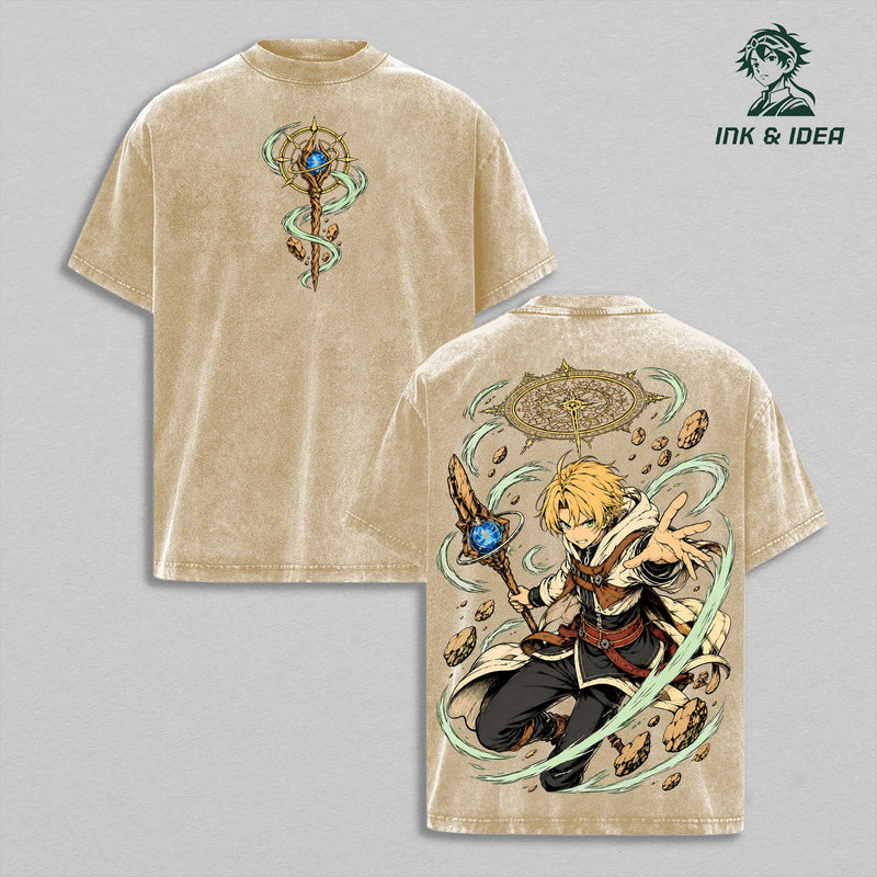 Rudeus Greyrat Mushoku Tensei Vintage Washed Gym T-Shirt, Water Magic Staff Double Sided Anime Graphic Tee, Oversized Heavyweight Cotton Isekai Manga Streetwear, Unisex Fan Gift