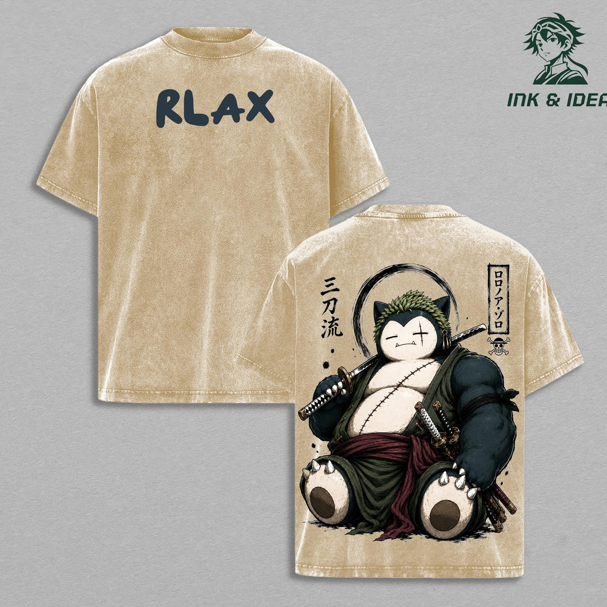 Snorlax Zoro One Piece Vintage Washed Oversized Anime Gym T-Shirt, Samurai PKM Mashup Graphic Tee, Heavyweight Cotton Streetwear Pump Cover Shirt