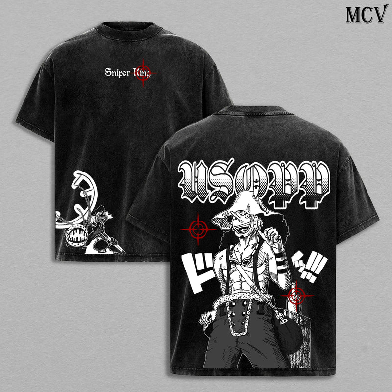Usopp Washed Tee – Sniper King One Piece Anime Manga Sogeking Graphic Double Printed T-Shirt, Menswear Heavy Cotton Unisex Oversize Vintage Streetwear Sniper Edition