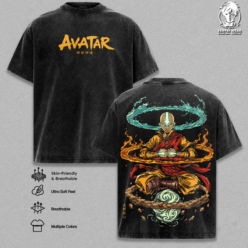 Aang - Avatar The Last Airbender Graphic Tee Vintage Washed Shirt Unisex Streetwear Animation Merch Airbender Tee Master of All Elements T-Shirt Gift for Cartoon Fans