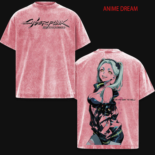 Rebecca Cyberpunk Edgerunners Anime Double Printed Vintage Washed Tee Unisex Oversize Anime Manga Washed Heavyweight Cotton T-shirt