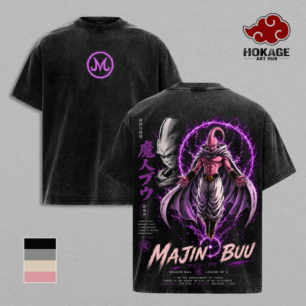 Majin Buu - DBZ Anime Graphic Tee, Vintage Washed Streetwear for Men, Oversized Heavyweight Cotton Shirt, Y2K Acid Wash Retro Top, Double Sided Print Dark Aesthetic