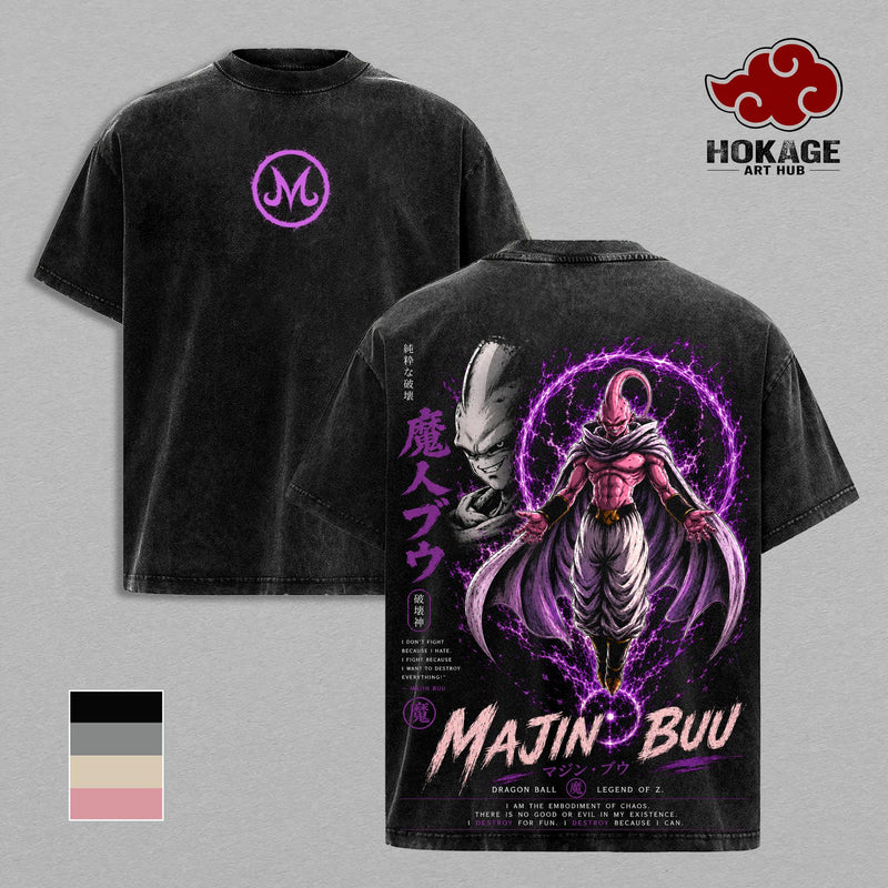Majin Buu - DBZ Anime Graphic Tee, Vintage Washed Streetwear for Men, Oversized Heavyweight Cotton Shirt, Y2K Acid Wash Retro Top, Double Sided Print Dark Aesthetic
