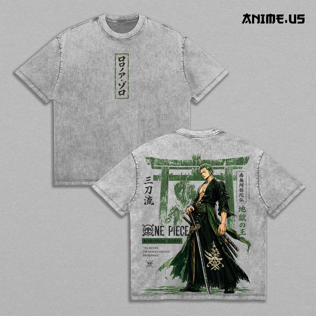Roronoa Zoro Three-Sword Style OnePiece Anime Graphic Tee King of Hell Swordsman Vintage Washed Oversized T-Shirt Manga Art Heavyweight Cotton Streetwear Back Print Shirt