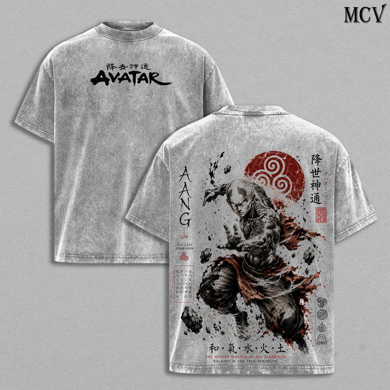 Aang Avatar The Last Airbender Shirt, Aang Vintage Washed T-Shirt, The Last Air Nomad, Japanese Irezumi Gothic Blackwork Tattoo Art, Avatar State Anime Double Printed Washed Tee Unisex Oversized Anime Manga