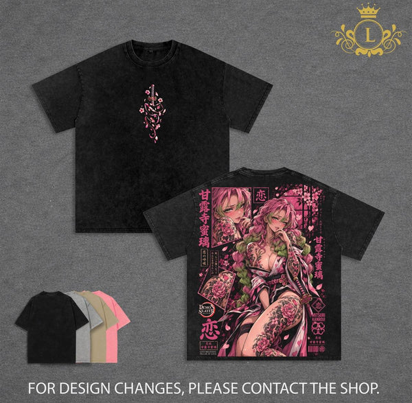 Limited Edition Mitsuri Kanroji Vintage Washed Graphic Tee Demon Slayer T-Shirt Kimetsu No Yaiba Shirt Blood Demon Art Heavy Cotton Unisex Streetwear Gift for Anime Lovers