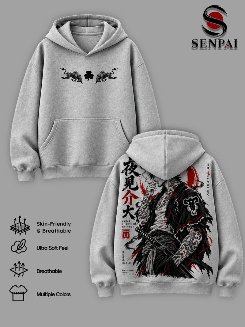 Yami Sukehiro Black Clover Vintage Washed Hoodies & T-Shirt, Black Bulls Captain Anime Graphic Tee, Oversized Double Sided Manga Print, Dark Magic Samurai Unisex Streetwear Top, Gift for Anime Fans