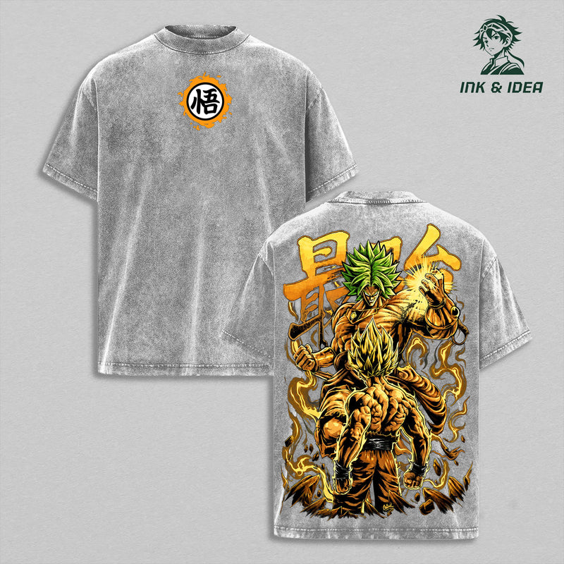 Broly Legendary Super Saiyan Vintage Washed Heavyweight Cotton T-Shirt, Full Power Golden Aura Double Sided Graphic, Oversized Saiyan Warrior Manga Streetwear, Unisex Anime Fan Gift