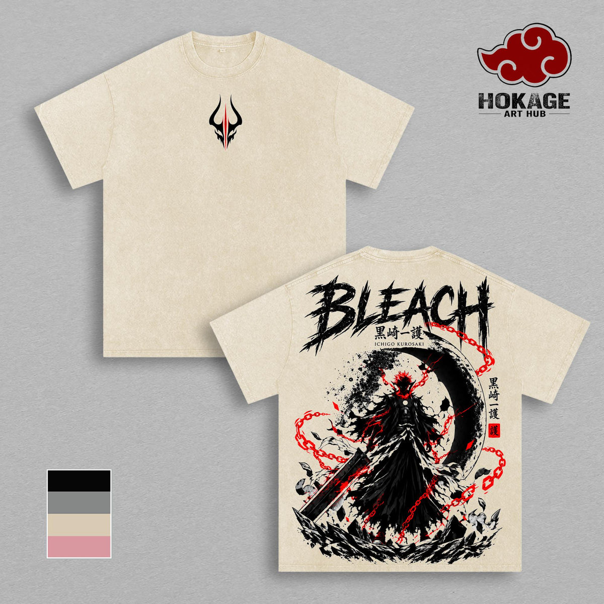 Ichigo Kurosaki Bleach T-Shirt, Bankai Soul Reaper Anime Graphic Tee, Blood Chains Vintage Washed Shirt, Oversized Back Print Anime Streetwear