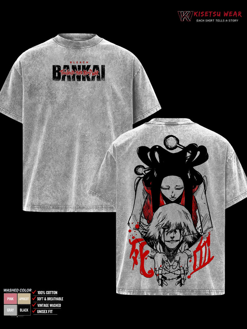 Kisuke Urahara Bankai Bleach TYBW Part 4 Double Sided Graphic Tee, Kannonbiraki Benihime Aratame Oversized Vintage Washed T-Shirt, Soft Cotton Crewneck Casual Unisex Streetwear, Gift for Anime Fans