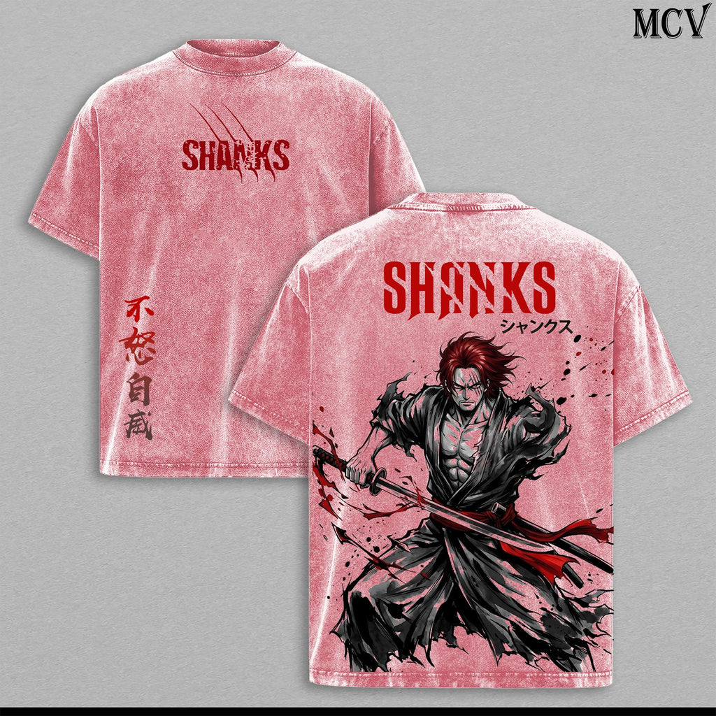 Shankss Washed Tee – Op Anime Graphic Double Printed T-Shirt, Menswear Heavy Cotton Unisex Oversize Vintage Streetwear