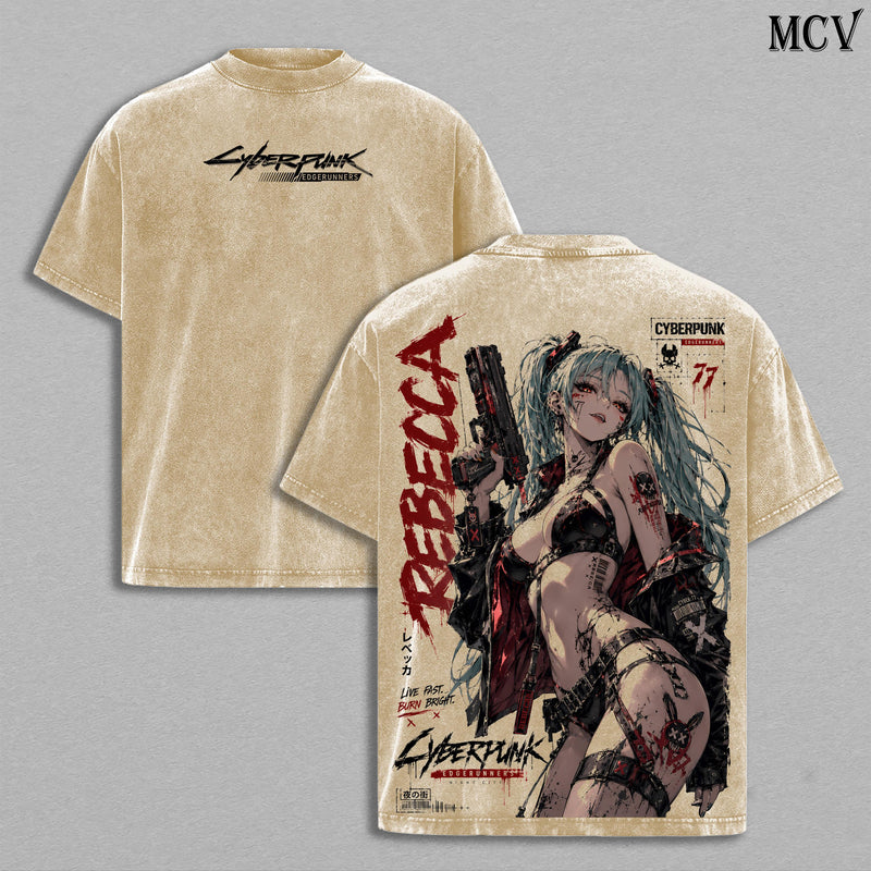 Rebecca Cyberpunk Edgerunners Tee – Rebecca Vintage Washed T-Shirt | Edgerunner Mercenary | Japanese Irezumi Gothic Tattoo Art | Night City Cyberpunk Anime Manga Graphic Tee | Heavy Cotton Unisex Oversized Streetwear Top