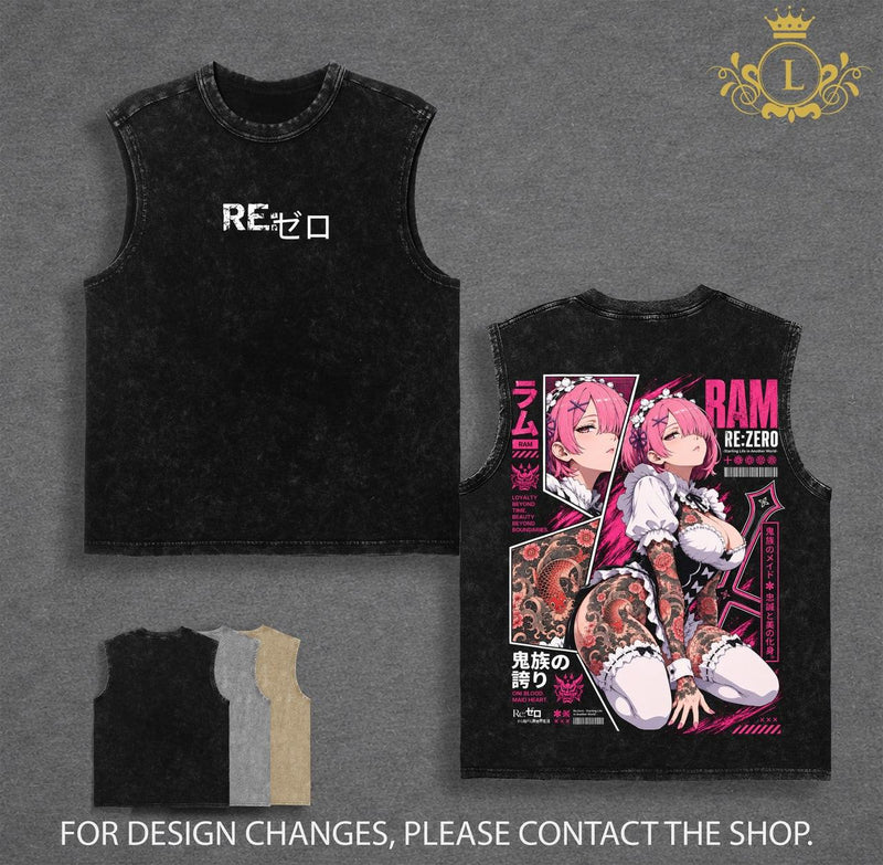 Limited Ram Re Zero Vintage Washed T Shirt, Anime Maid Graphic Tee, Ram Tattoo Anime Shirt, Oversized Heavyweight Cotton Streetwear, Dark Fantasy Anime Apparel, Double Printed Unisex Tee, Gift for Re Zero Fans