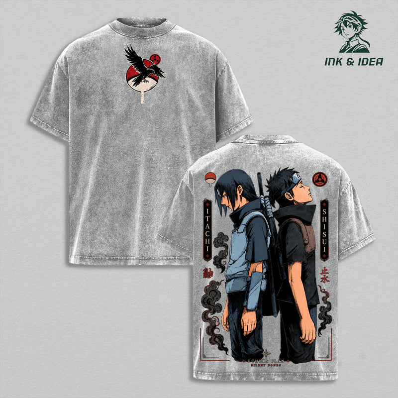 Shisui Uchiha and His Closest Friend Naruto Shippuden Vintage Washed Heavyweight Cotton T-Shirt, Uchiha Clan Silent Bonds Double Sided Anime Graphic Tee, Oversized Manga Gym Streetwear, Unisex Fan Gift