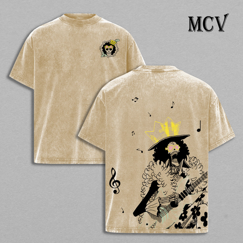 Brook One Piece Washed T-Shirt, Vintage Anime Oversized Tee, Heavy Cotton Streetwear Shirt