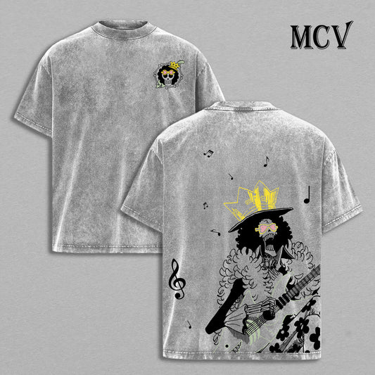Brook One Piece Washed T-Shirt, Vintage Anime Oversized Tee, Heavy Cotton Streetwear Shirt