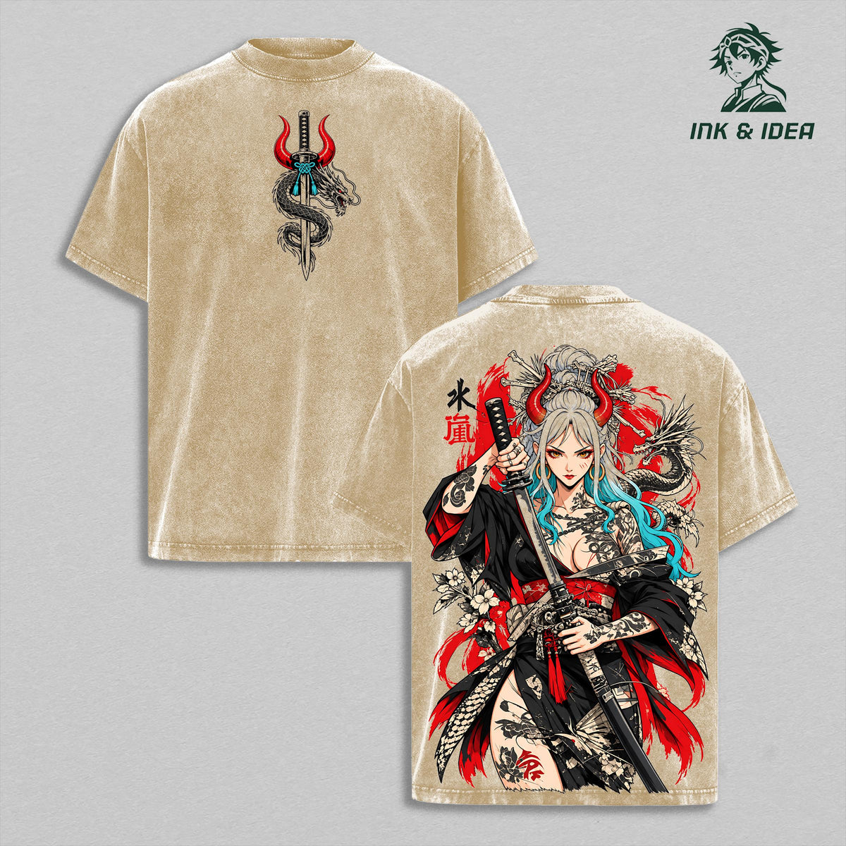 Yamato One Piece Vintage Washed Gym T-Shirt, Oni Princess Samurai Katana Dragon Double Sided Anime Graphic Tee, Oversized Heavyweight Cotton Wano Manga Streetwear, Unisex Fan Gift
