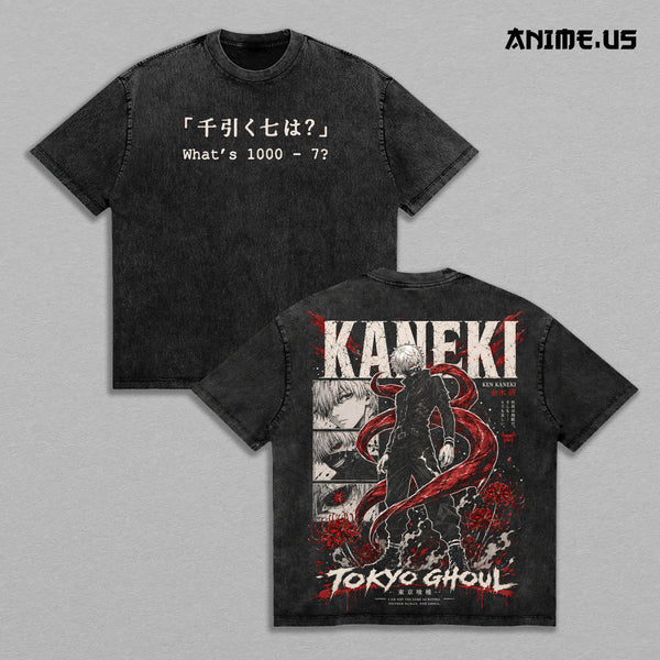Ken Kaneki Tokyo Ghoul 1000 Minus 7 Kagune Awakening Anime Vintage Washed Heavyweight Cotton T-Shirt Double Sided Graphic Oversized Streetwear Tee Gift for Ghoul Fans