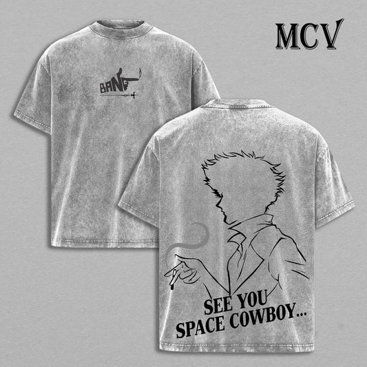 Cowboy Bebop Anime Washed Tee, Retro Graphic T-Shirt, Vintage Oversized Cotton Fashion