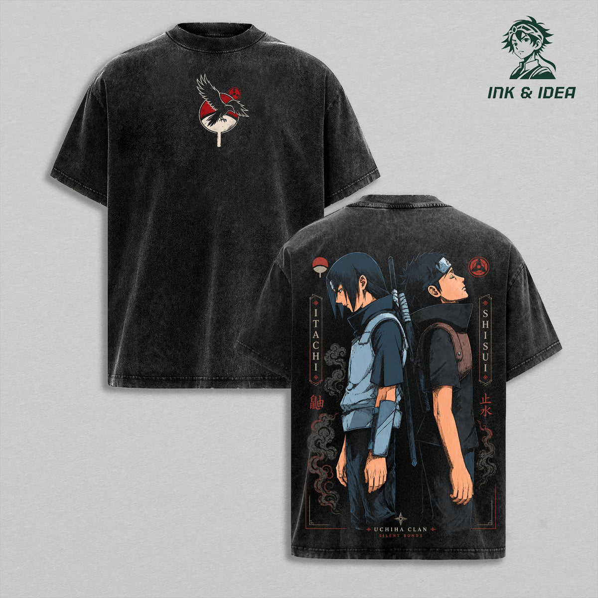 Shisui Uchiha and His Closest Friend Naruto Shippuden Vintage Washed Heavyweight Cotton T-Shirt, Uchiha Clan Silent Bonds Double Sided Anime Graphic Tee, Oversized Manga Gym Streetwear, Unisex Fan Gift
