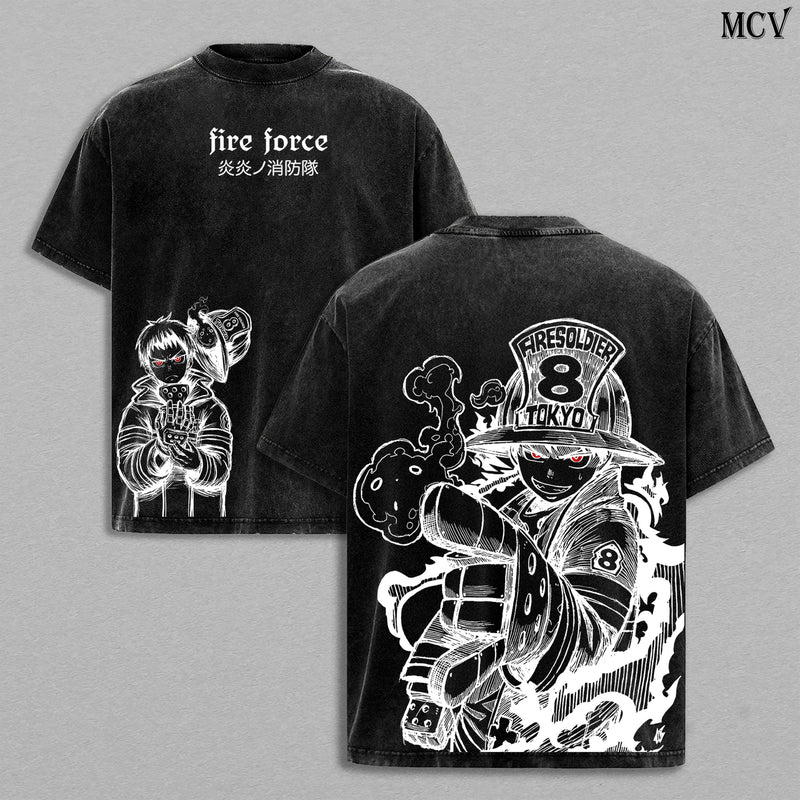 Shinra Kusakabe Tee Washed – Fire Force Vintage Washed Heavy Cotton Oversized Anime Manga T-Shirt & Hoodie Washed, Double Printed Retro Unisex Streetwear Graphic Top, Devil’s Footprints Fire Fighter Edition