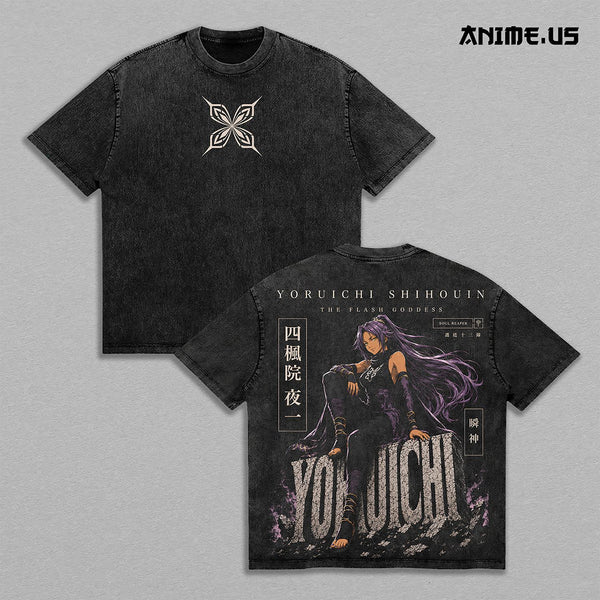 Yoruichi Shihouin Bleach Flash Goddess Shunko Thunder Form Soul Reaper Vintage Washed Heavyweight Cotton T-Shirt Double Sided Graphic Oversized Anime Streetwear Tee Gift for Bleach Fans