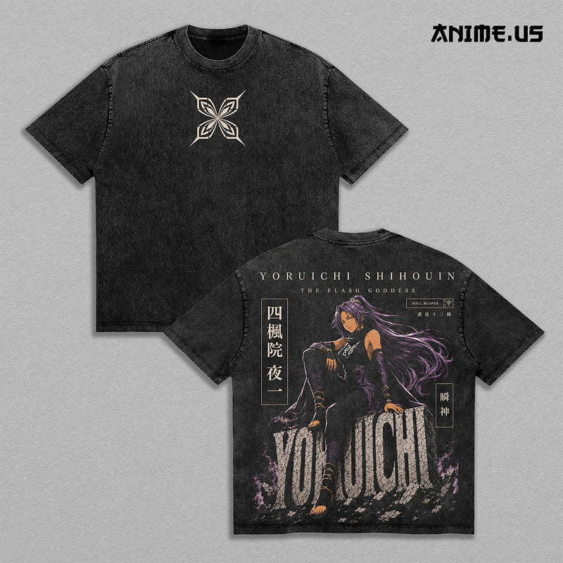 Yoruichi Shihouin Bleach Flash Goddess Shunko Thunder Form Soul Reaper Vintage Washed Heavyweight Cotton T-Shirt Double Sided Graphic Oversized Anime Streetwear Tee Gift for Bleach Fans