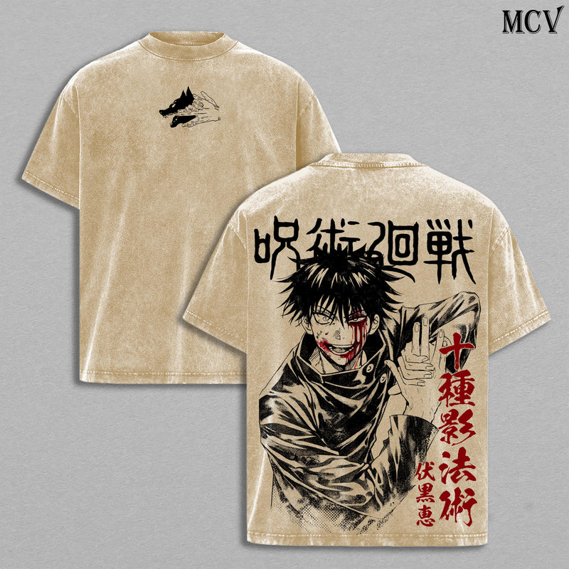 Megumi Fushiguro Washed Tee / Hoodie – Jujutsu Kaisen Culling Game Arc Anime Ten Shadows Technique Divine Dogs Shikigami Manga Graphic Double Printed T-Shirt, Menswear Heavy Cotton Unisex Oversize Streetwear Vintage