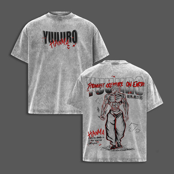 Yujiro Hanma Tee Washed – Baki Vintage Washed Heavy Cotton Oversized Anime Manga T-Shirt Double Printed Retro Unisex Streetwear Strongest Creature Alive Edition Perfect Gift for Anime Fans