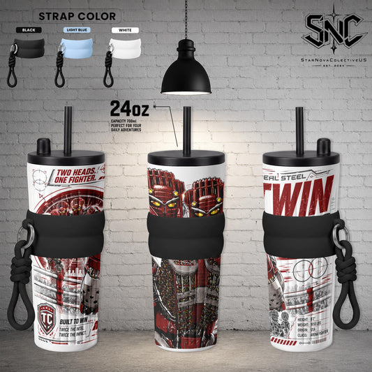 Twin Cities Real Steel Insulated Stainless Steel Tumbler – 17oz, 24oz, 30oz Double Wall Vacuum Travel Coffee Mug with Leak-Resistant Lid | Two-Headed Boxing Robot Gift for Fans, Gym, Office & Everyday Use