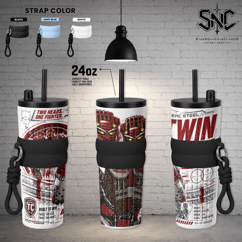 Twin Cities Real Steel Insulated Stainless Steel Tumbler – 17oz, 24oz, 30oz Double Wall Vacuum Travel Coffee Mug with Leak-Resistant Lid | Two-Headed Boxing Robot Gift for Fans, Gym, Office & Everyday Use