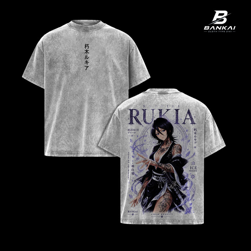 Kuchiki Rukia Bleach Vintage Washed Oversized Graphic T-Shirt, Anime Streetwear Tee With Ice Princess Shinigami Artwork, Sode no Shirayuki Sword Fantasy Print, Heavy Cotton Retro Grunge Shirt, Japanese Manga Inspired Clothing, Gift For Bleach Fans