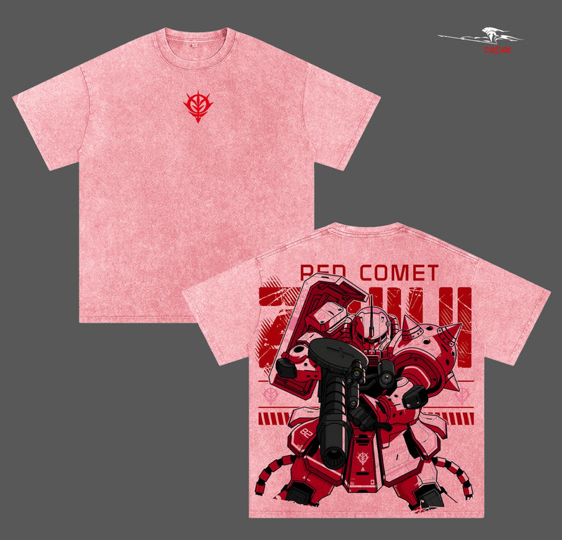 MS-06S Zaku Red – Mobile Suit Gundam Anime Double Printed Vintage Washed Tee Unisex Oversize Anime Manga Washed Heavyweight Cotton T-shirt