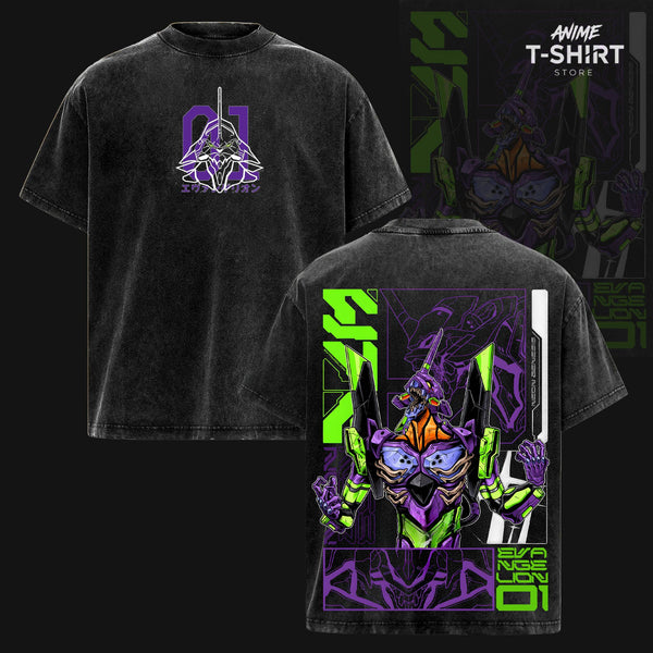 Evangelion Unit-01 – Neon Genesis Evangelion Oversize Anime Graphic Tee, Acid Washed Heavy Cotton Shirt, Vintage Manga Streetwear, Unisex Casual Wear, Anime Merch, Gift for Anime Fans