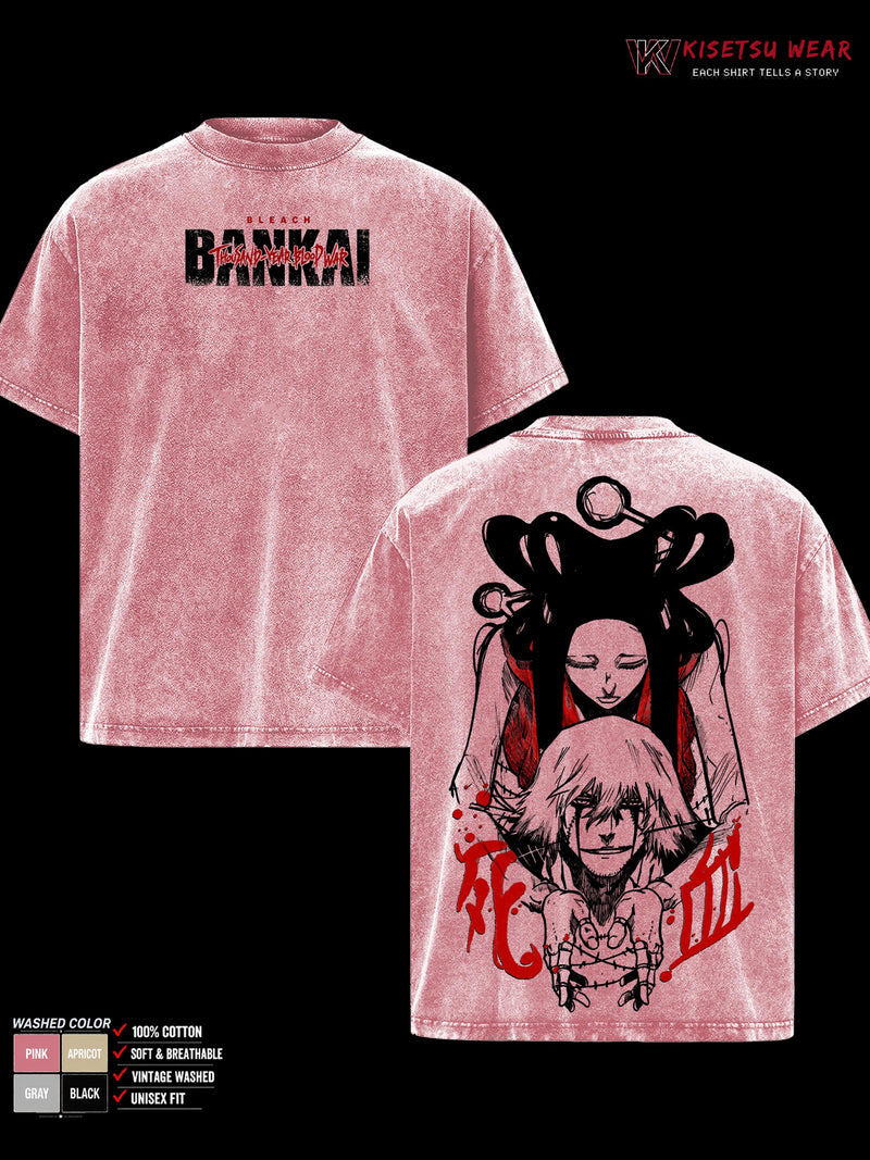 Kisuke Urahara Bankai Bleach TYBW Part 4 Double Sided Graphic Tee, Kannonbiraki Benihime Aratame Oversized Vintage Washed T-Shirt, Soft Cotton Crewneck Casual Unisex Streetwear, Gift for Anime Fans