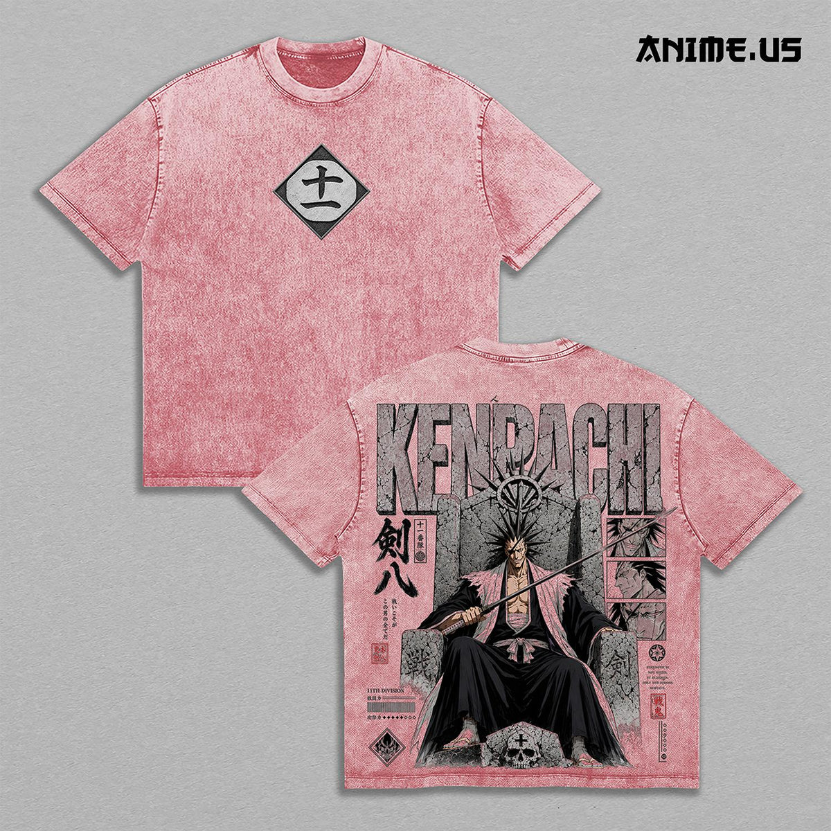 Kenpachi Zaraki Bleach 11th Division Captain Vintage Washed Heavyweight Cotton T-Shirt, Soul Reaper Anime Graphic Tee, Double Sided Oversized Streetwear Shirt, Zaraki Kenpachi Manga Unisex Fan Gift