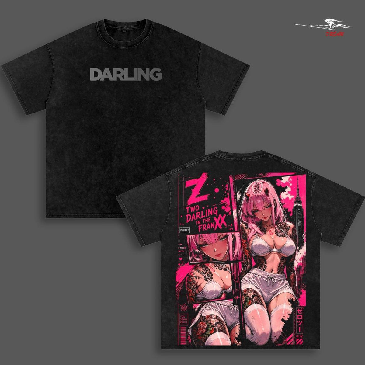 Zero Two Darling in the Franxx Anime Double Printed Vintage Washed Tee Unisex Oversize Heavyweight Cotton T-shirt