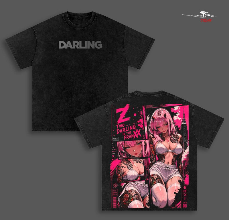 Zero Two Darling in the Franxx Anime Double Printed Vintage Washed Tee Unisex Oversize Heavyweight Cotton T-shirt